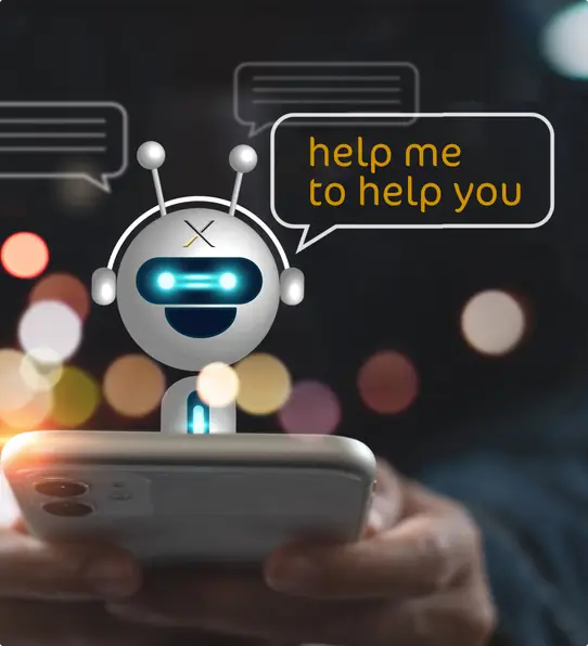 Animated AI bot appearing out of phone saying help me help you.